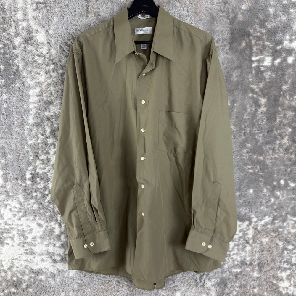 Van Heusen Size 17.5 34/35 XL Wrinkle Free Poplin Button Up Shirt Green Long Men